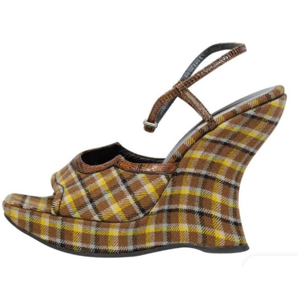 Prada Plaid Ankle Strap Wedge Sandals With Lizard Trim Yellow/Tan Women's 37/6.5 - Picture 1 of 8